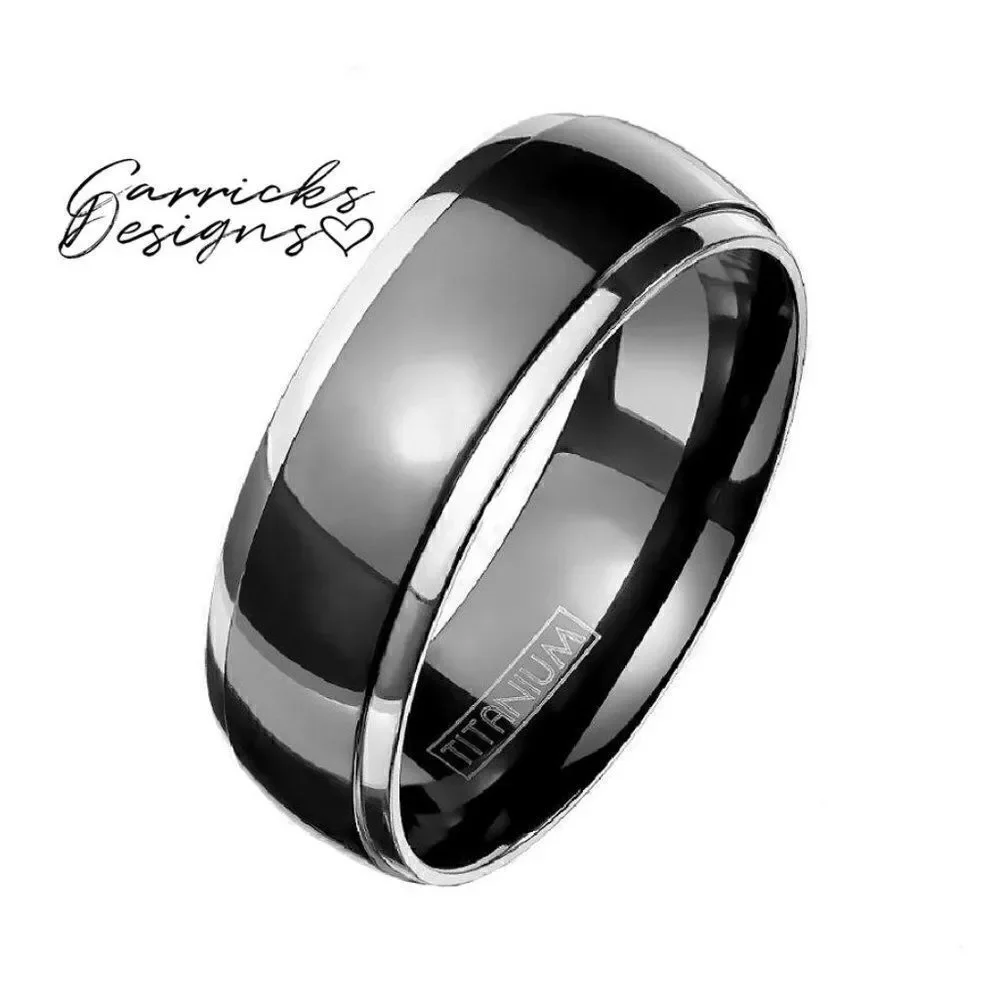Men's Black Titanium Wedding Ring Band - Black With Silver step Edges